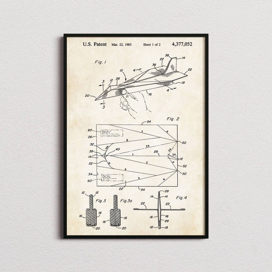 Paper Airplane Patent Print in the aged paper colourway, framed