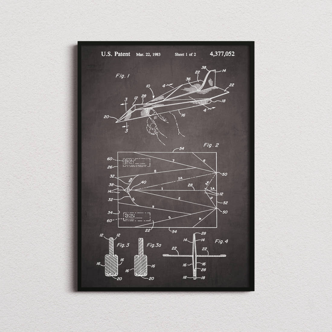 Paper Airplane Patent Print in the blackboard colourway, framed
