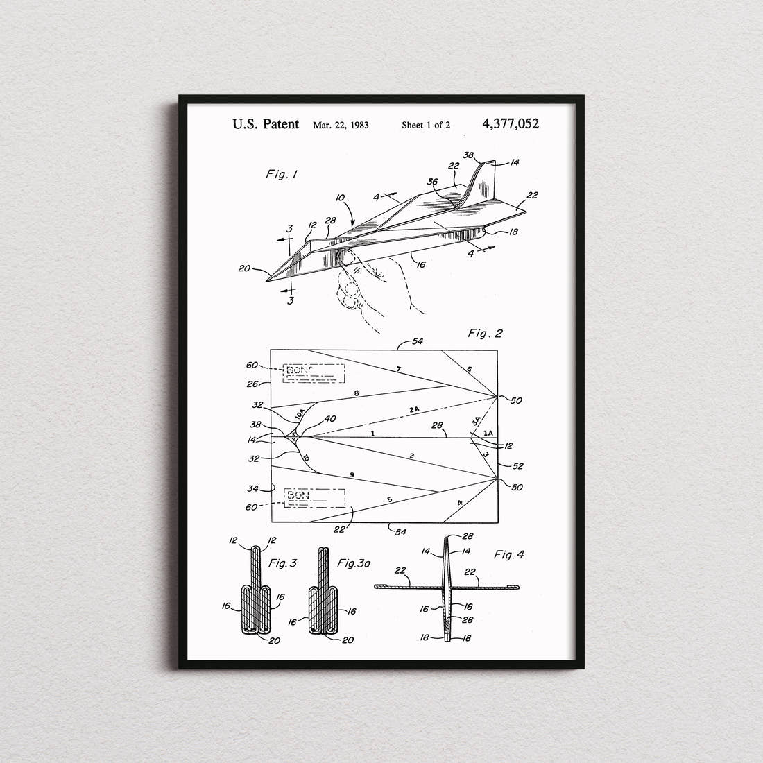 Paper Airplane Patent Print in the white colourway, framed