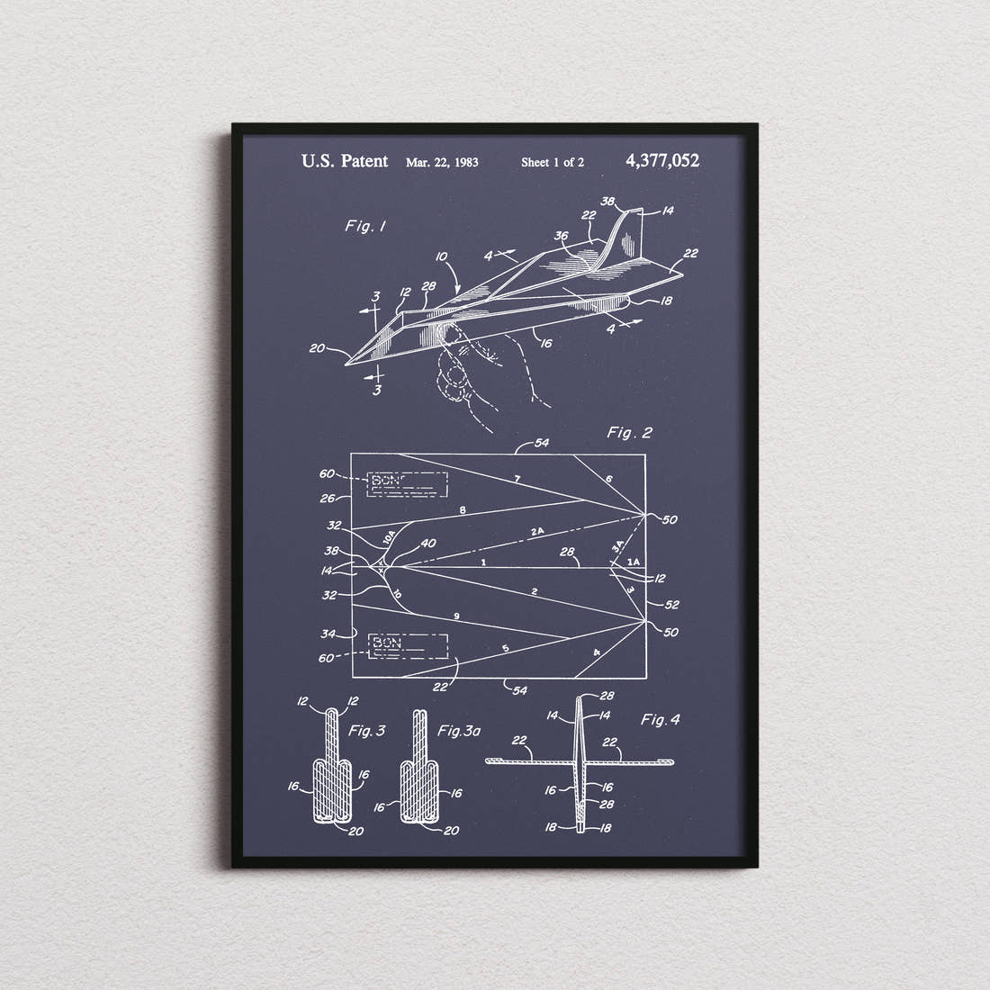Paper Airplane Patent Print in the navy colourway, framed
