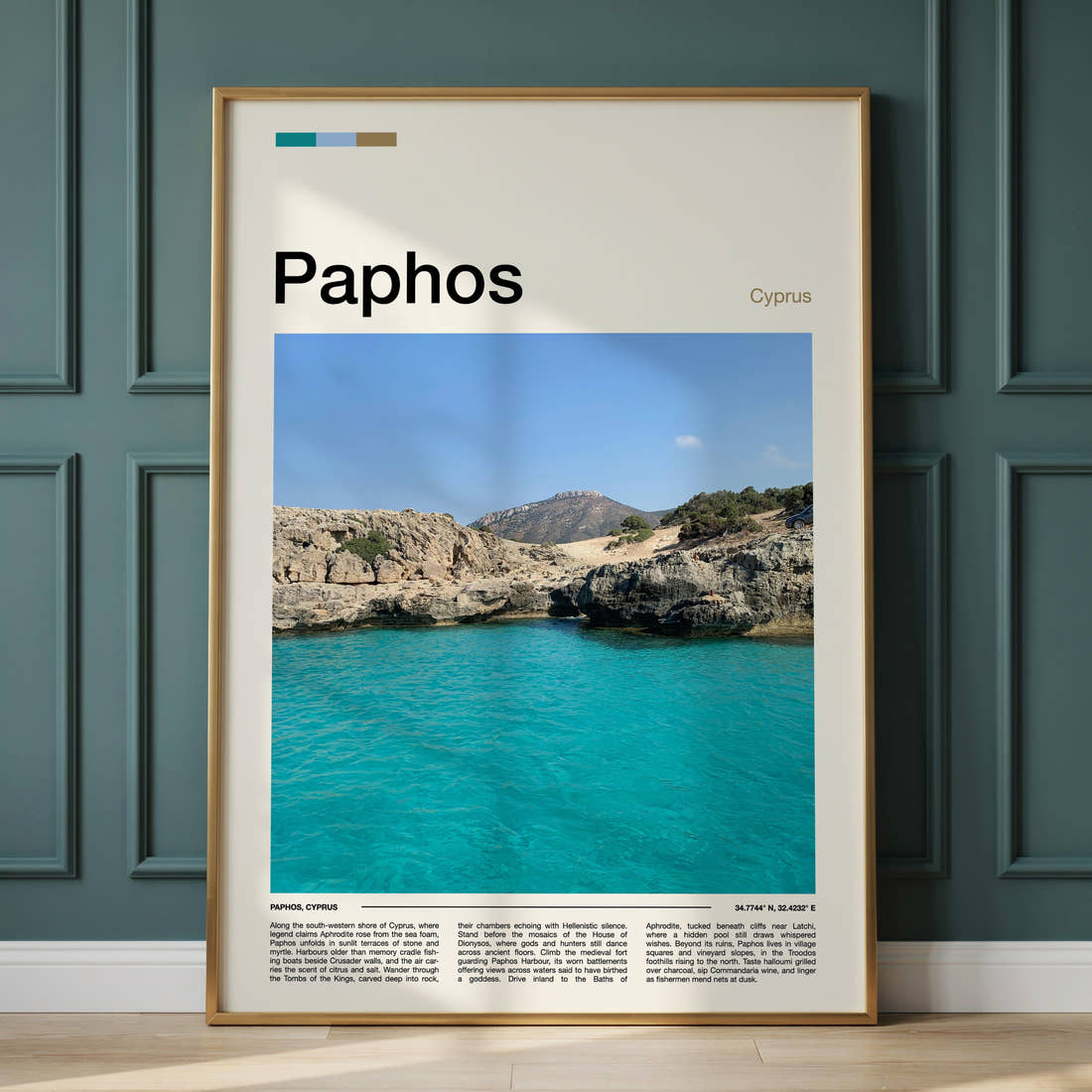 Paphos Turquoise Rocky Cove Travel Print framed on the wall of a calm, neutral bedroom