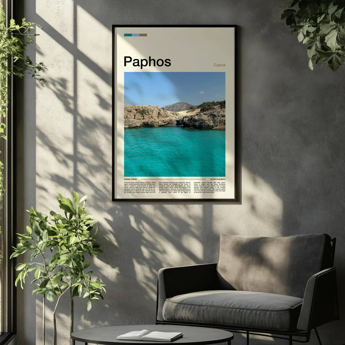 Paphos Turquoise Rocky Cove Travel Print framed on the wall of a relaxed living room