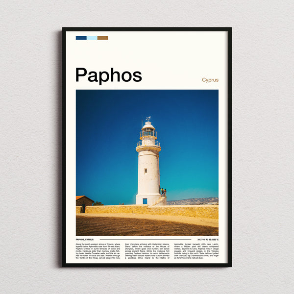 Paphos Coastal Lighthouse Tower Travel Print framed and photographed straight on