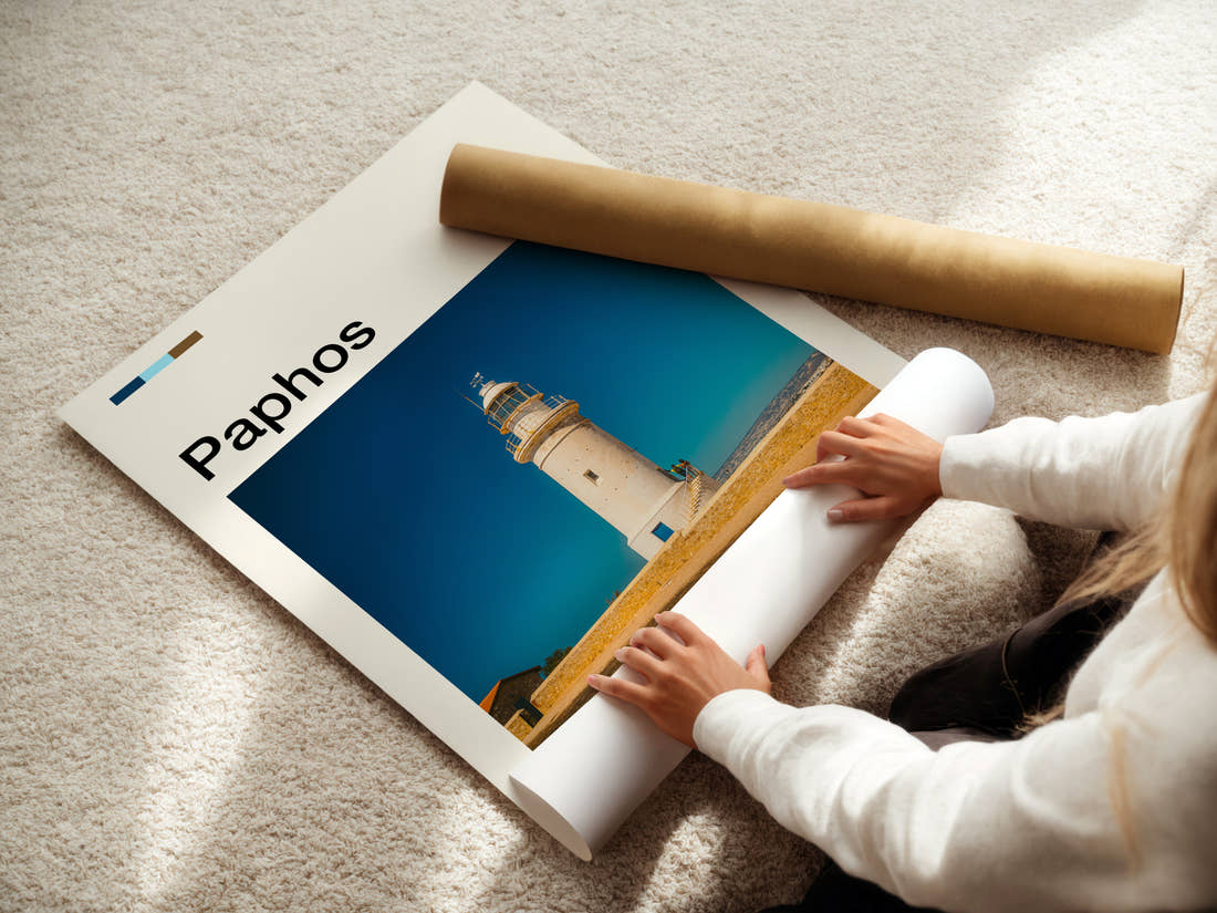 Paphos Coastal Lighthouse Tower Travel Print being unrolled from its postal tube