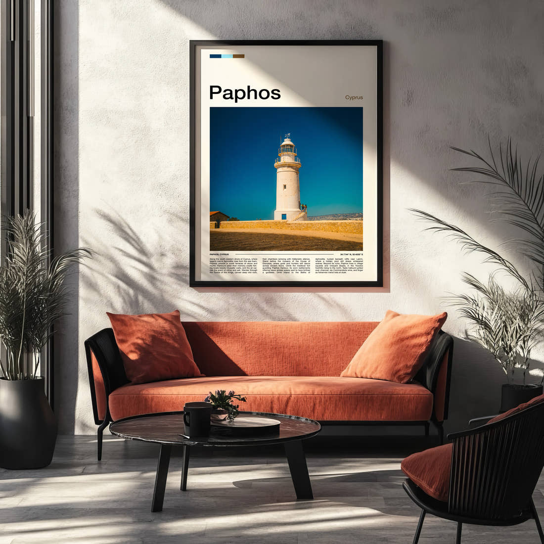 Paphos Coastal Lighthouse Tower Travel Print framed on the wall of a modern living room