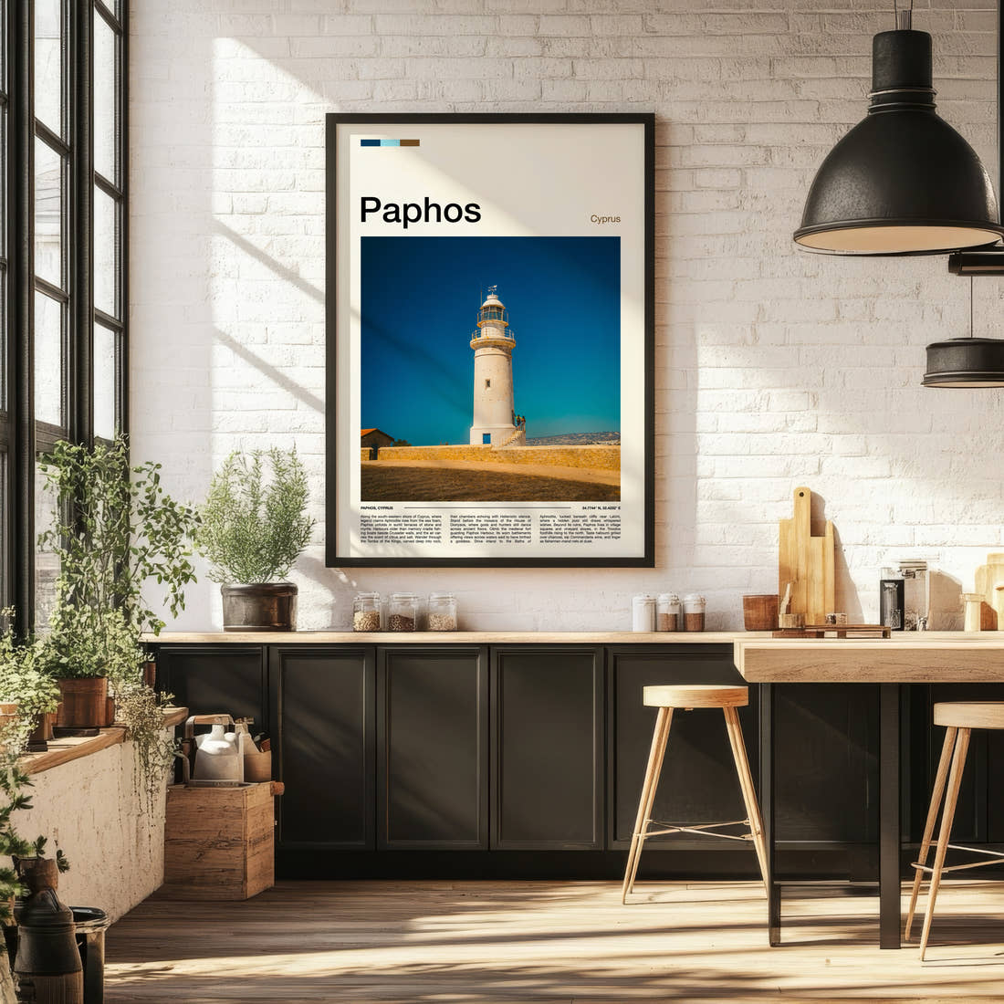 Paphos Coastal Lighthouse Tower Travel Print framed on the wall of a bright kitchen and dining space
