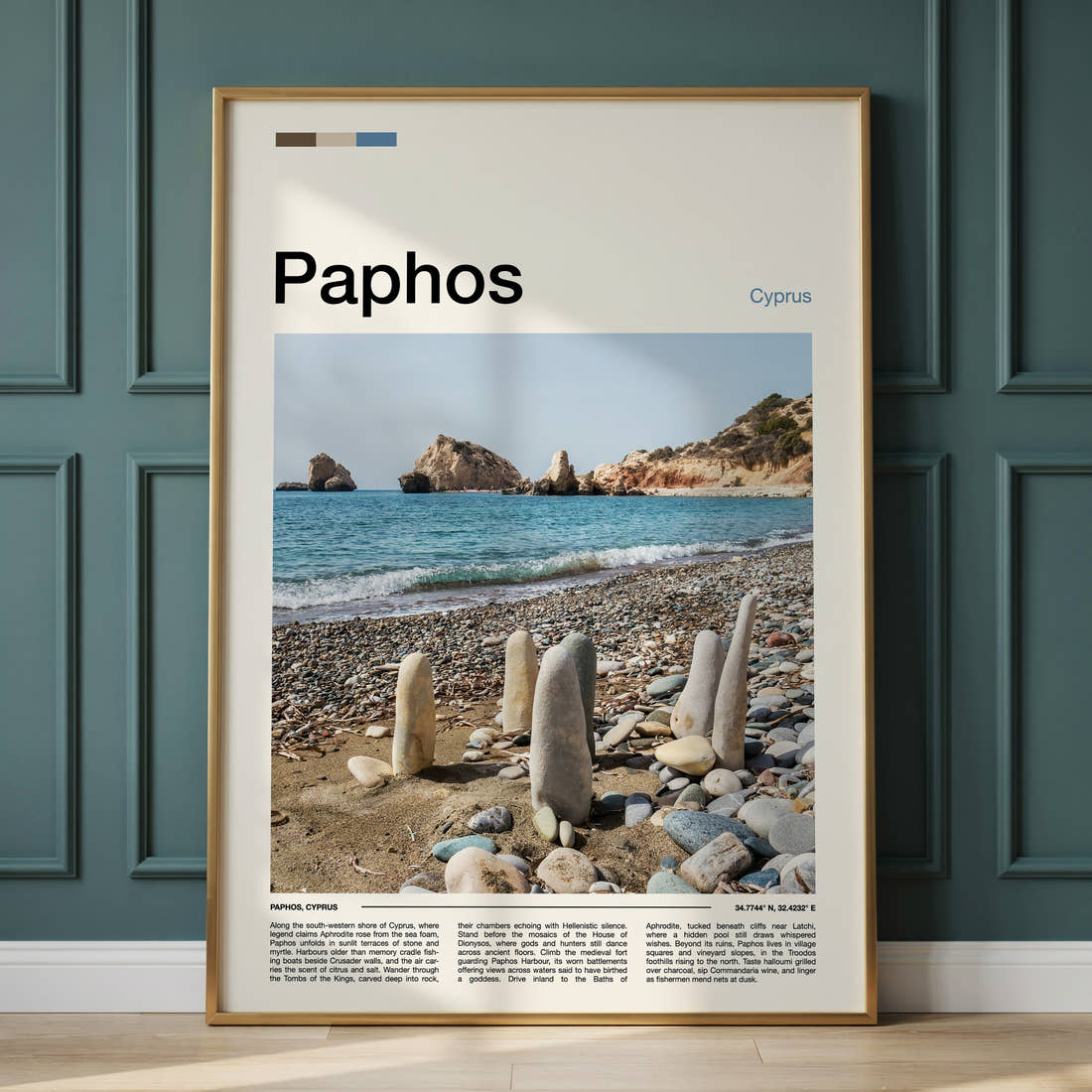 Paphos Pebble Beach Sculptures Travel Print framed on the wall of a calm, neutral bedroom