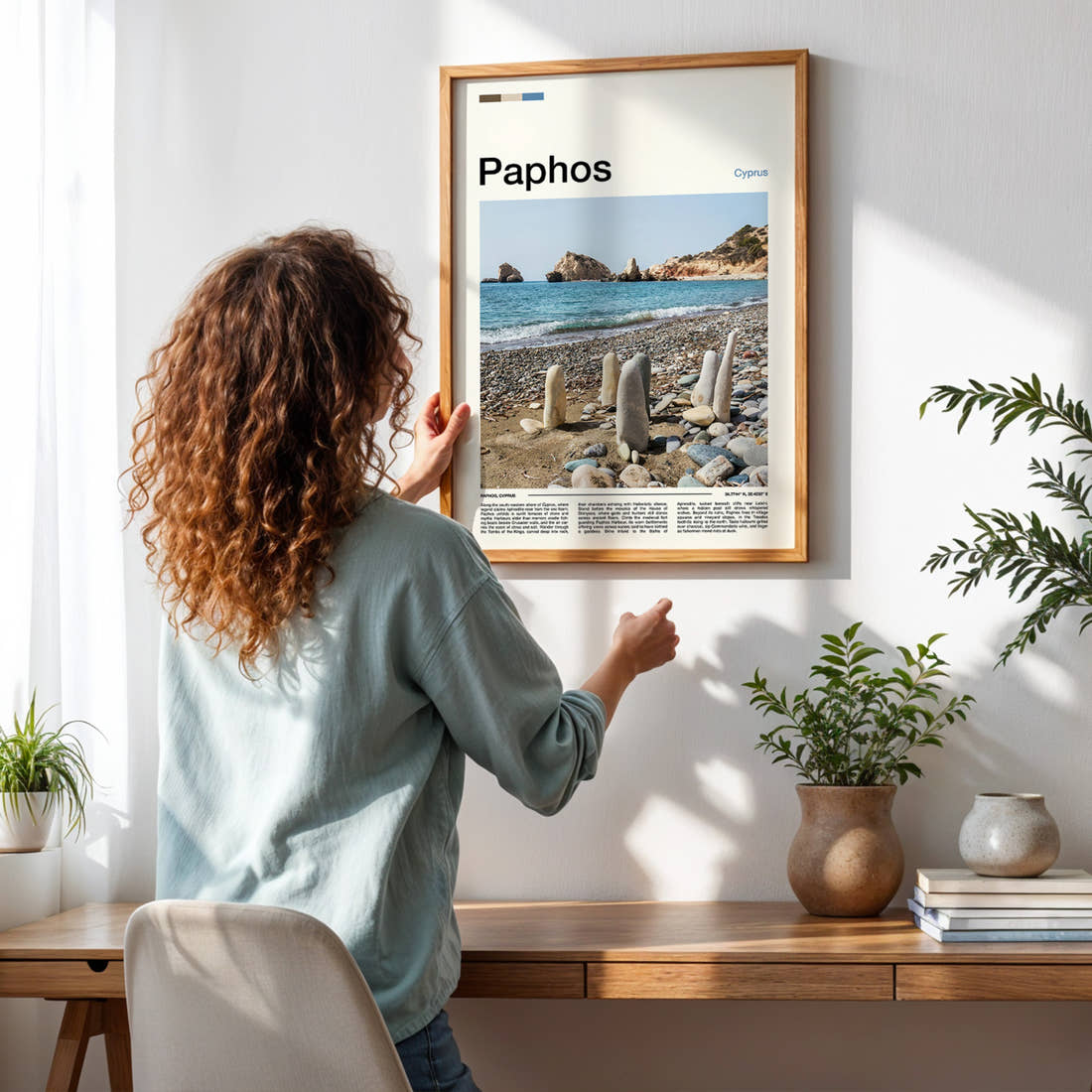 Paphos Pebble Beach Sculptures Travel Print framed on a pale wall beside houseplants