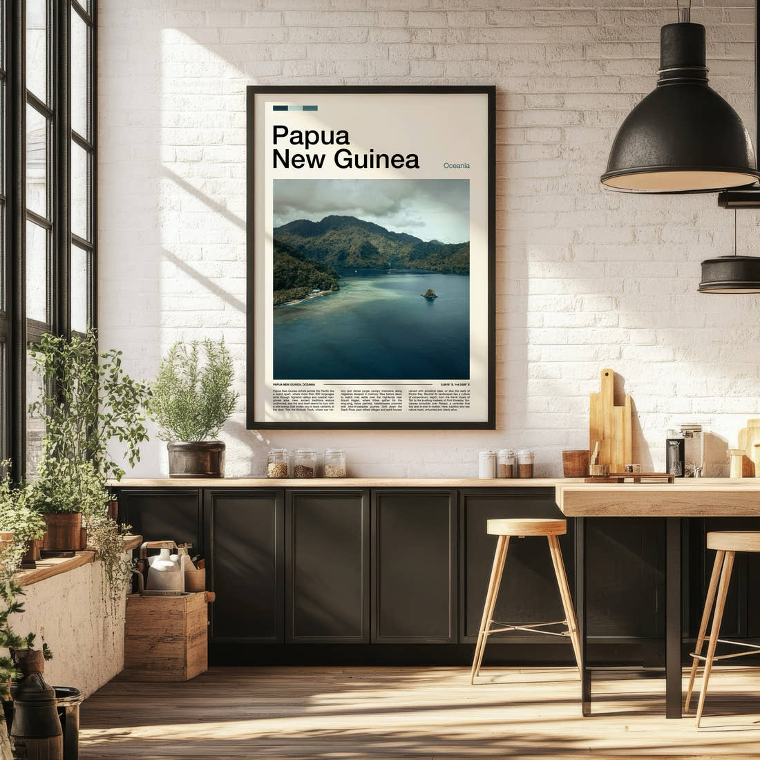 Papua New Guinea Misty Coastal Inlet Travel Print framed on the wall of a bright kitchen and dining space