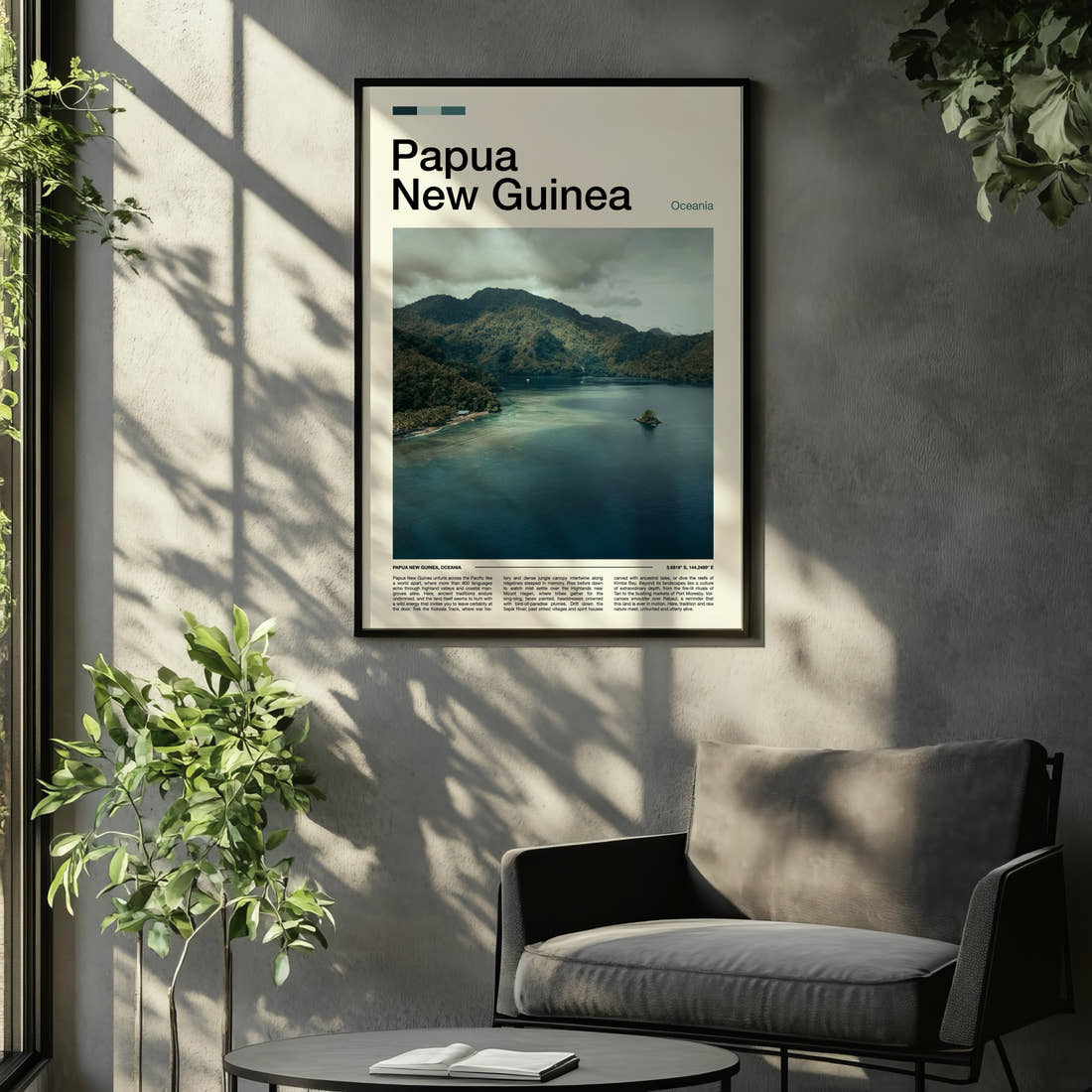 Papua New Guinea Misty Coastal Inlet Travel Print framed on the wall of a relaxed living room