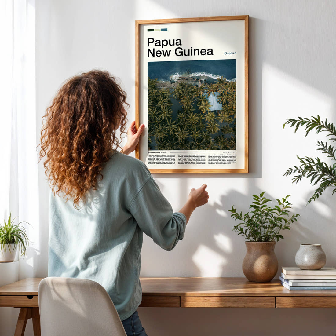 Papua New Guinea Aerial Coastal Village Travel Print framed on a pale wall beside houseplants
