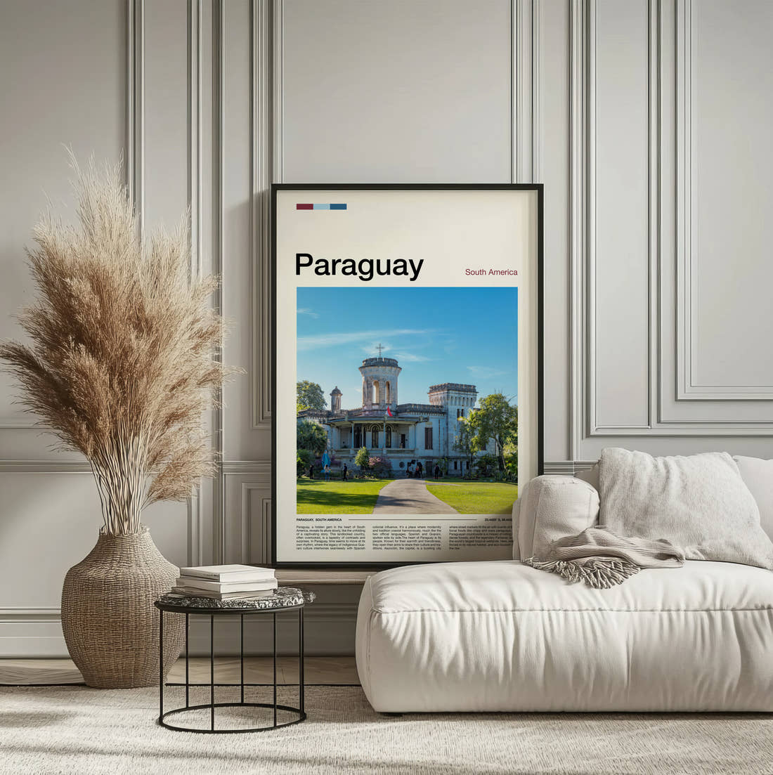 Paraguay Old Castle Travel Print framed on the wall of a calm, neutral bedroom