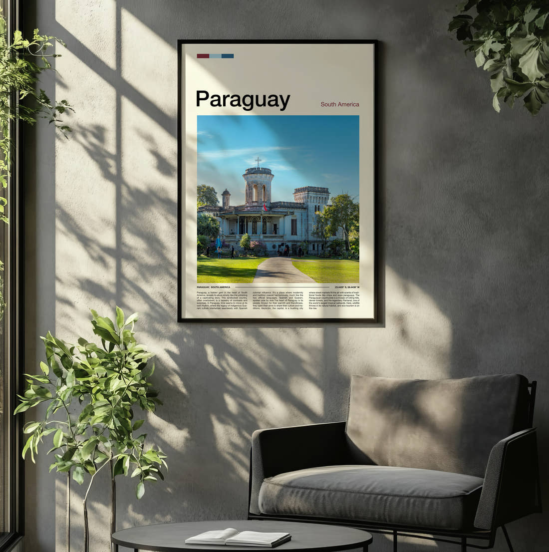 Paraguay Old Castle Travel Print framed on the wall of a relaxed living room