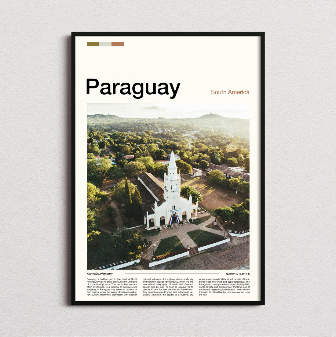 Paraguay White Church From Above Travel Print framed and photographed straight on
