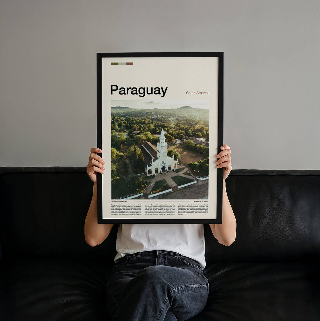 Paraguay White Church From Above Travel Print held up by hand to show the size of the print