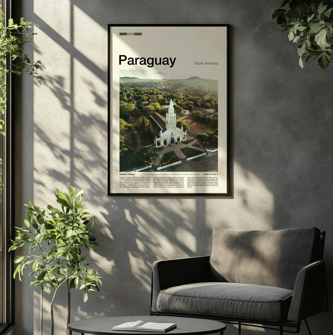 Paraguay White Church From Above Travel Print framed on the wall of a relaxed living room