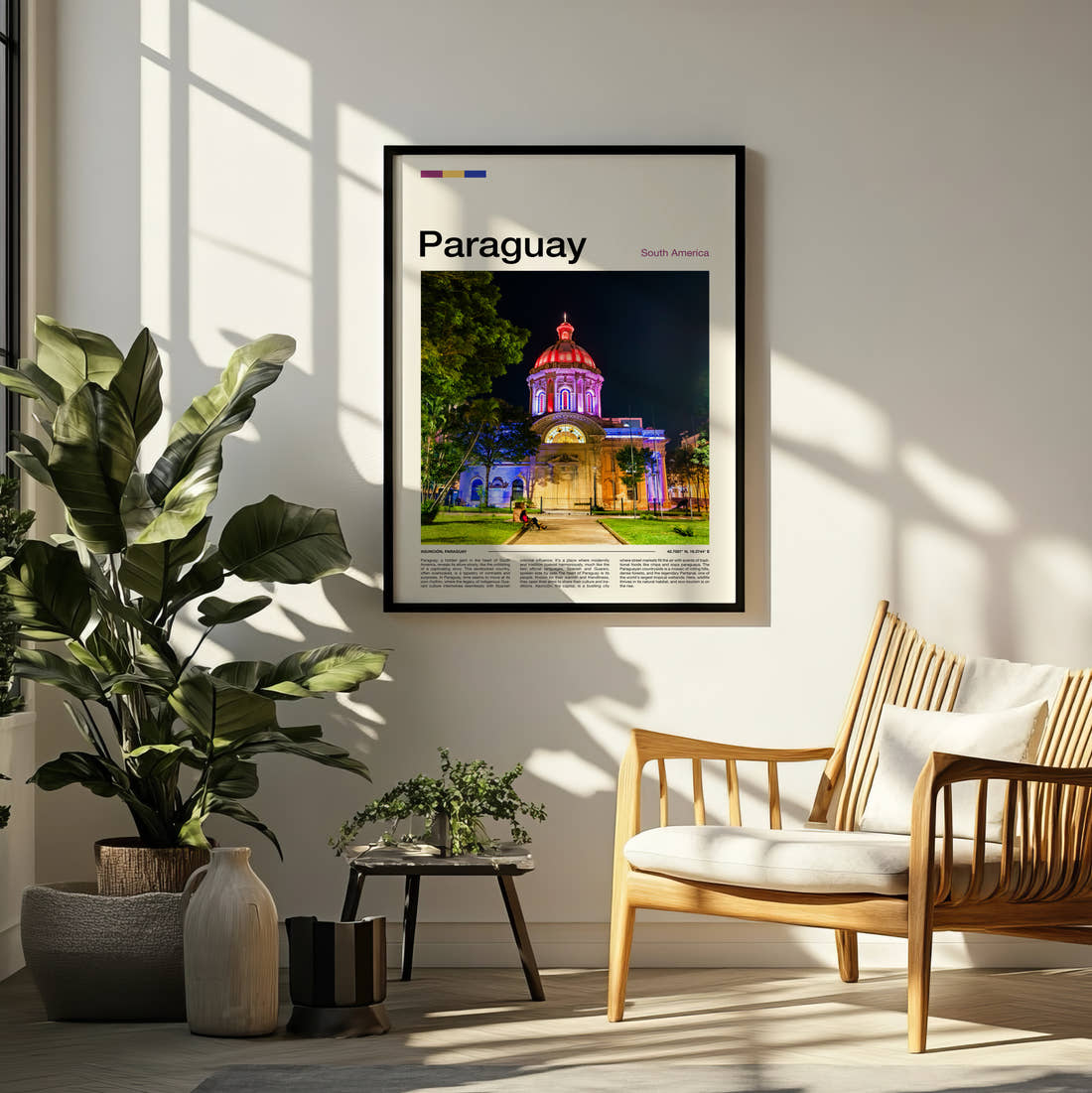 Paraguay Pantheon Of The Heroes Travel Print framed on a pale wall beside houseplants