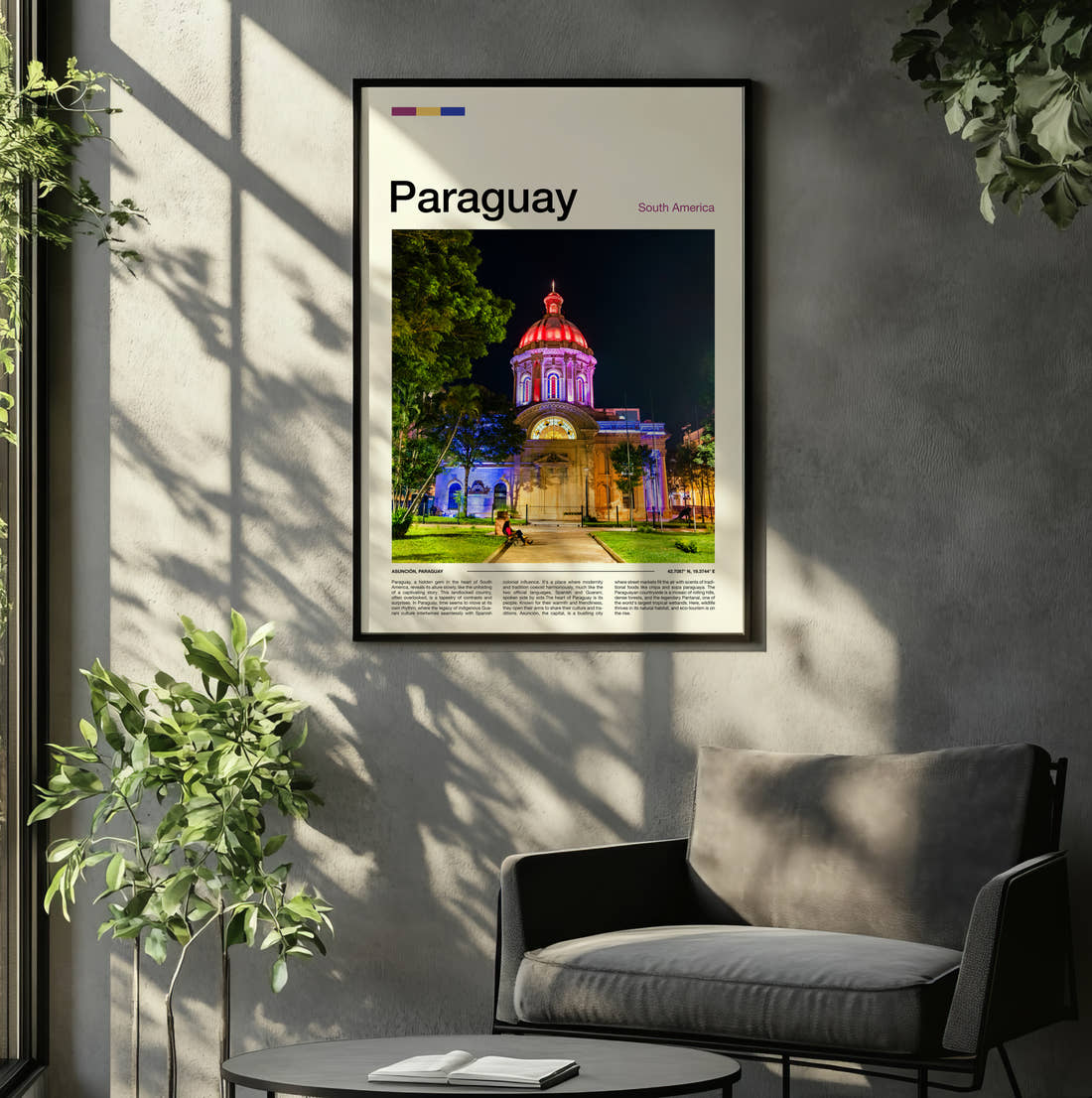 Paraguay Pantheon Of The Heroes Travel Print framed on the wall of a relaxed living room