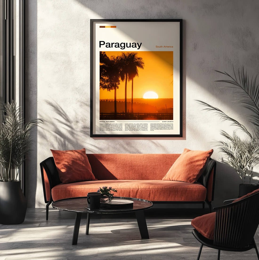 Paraguay Sunset Through Palm Trees Travel Print framed on the wall of a modern living room
