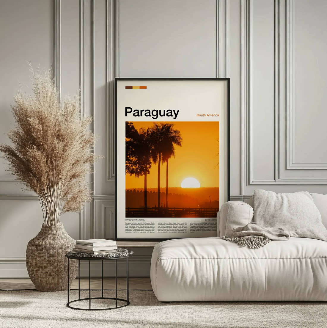 Paraguay Sunset Through Palm Trees Travel Print framed on the wall of a calm, neutral bedroom