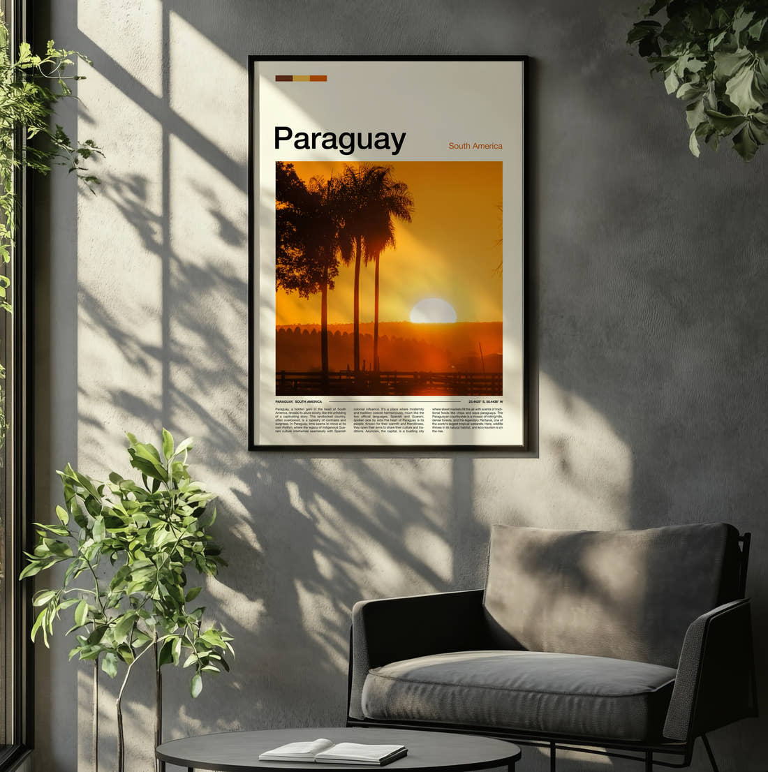 Paraguay Sunset Through Palm Trees Travel Print framed on the wall of a relaxed living room