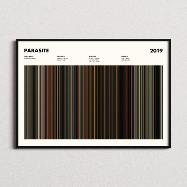 Parasite Movie Barcode Poster framed and photographed straight on