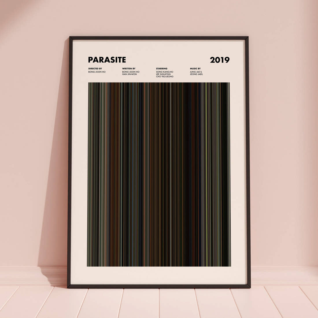 Parasite Movie Barcode Poster framed and leaning against a coloured wall