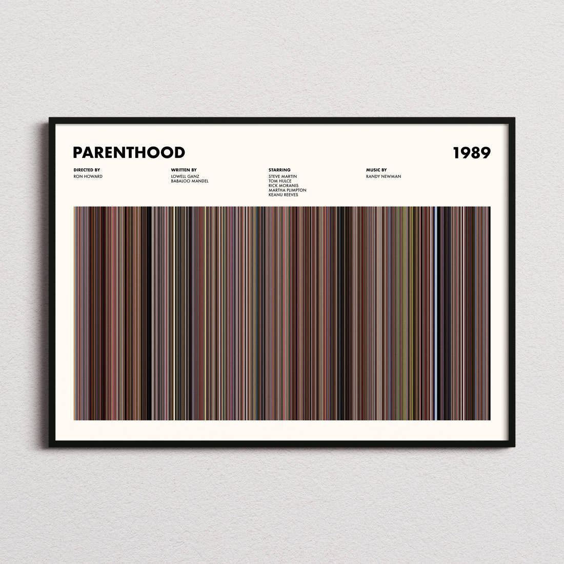 Parenthood Movie Barcode Poster framed and photographed straight on