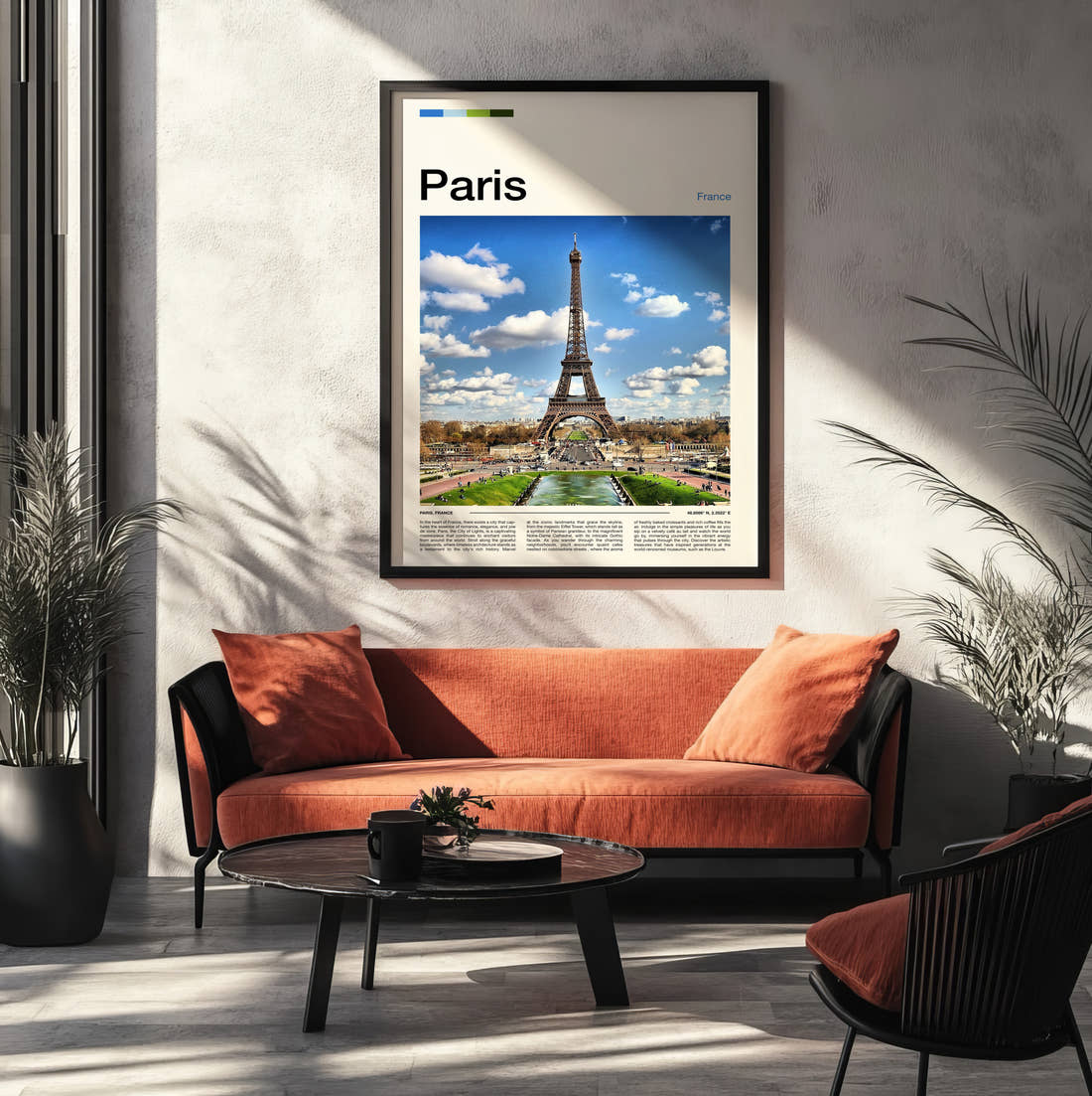 Paris Eiffel Tower Under Blue Skies Travel Print framed on the wall of a modern living room
