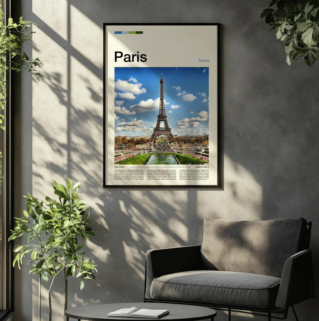 Paris Eiffel Tower Under Blue Skies Travel Print framed on the wall of a relaxed living room