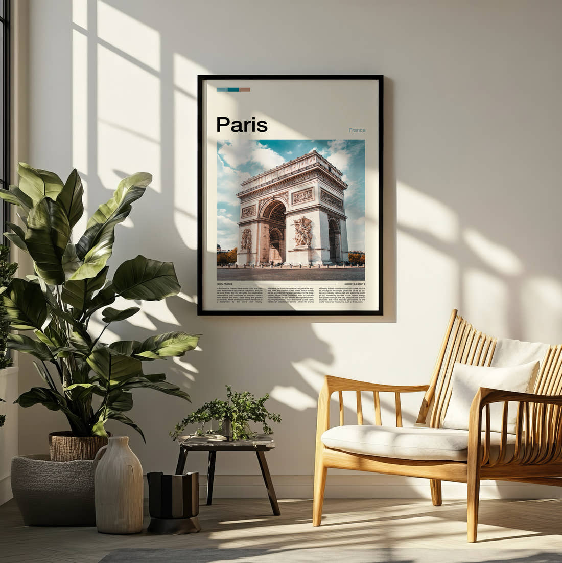 Paris Arc De Triomphe Travel Print framed on a pale wall beside houseplants