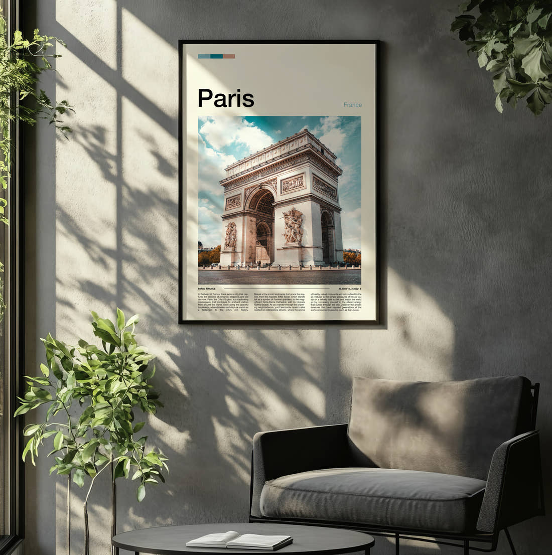 Paris Arc De Triomphe Travel Print framed on the wall of a relaxed living room