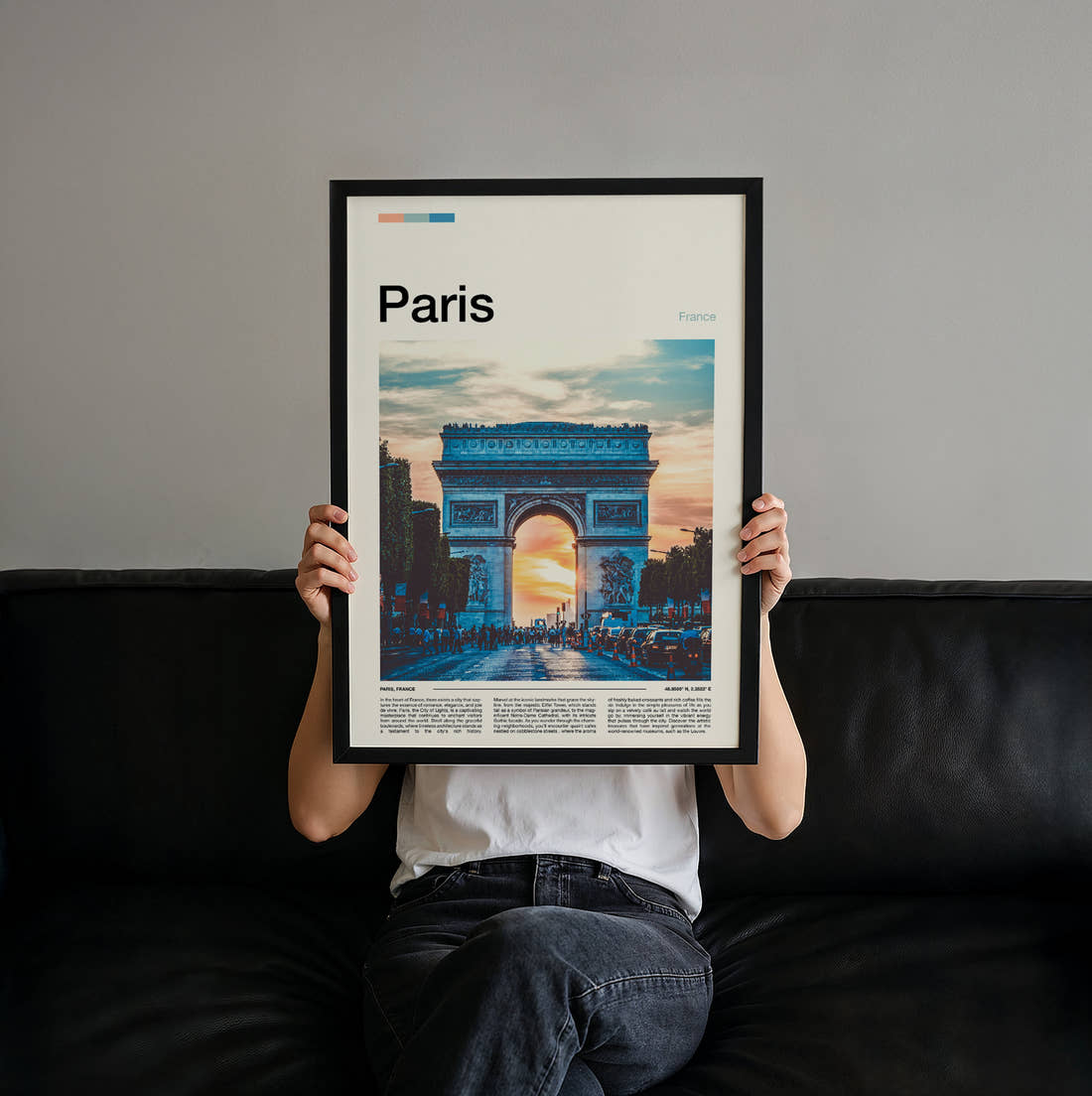 Paris Arc De Triomphe At Sunset Travel Print held up by hand to show the size of the print