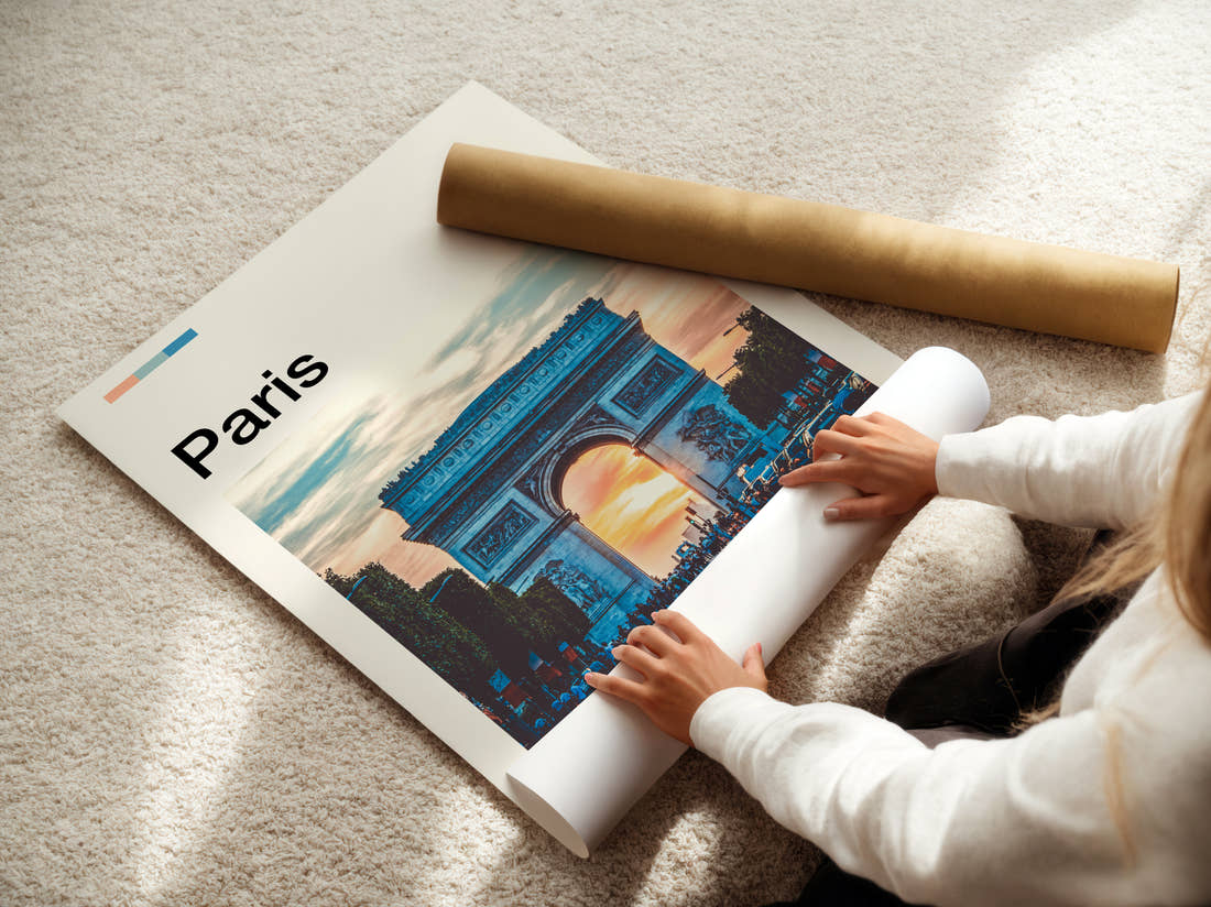 Paris Arc De Triomphe At Sunset Travel Print being unrolled from its postal tube