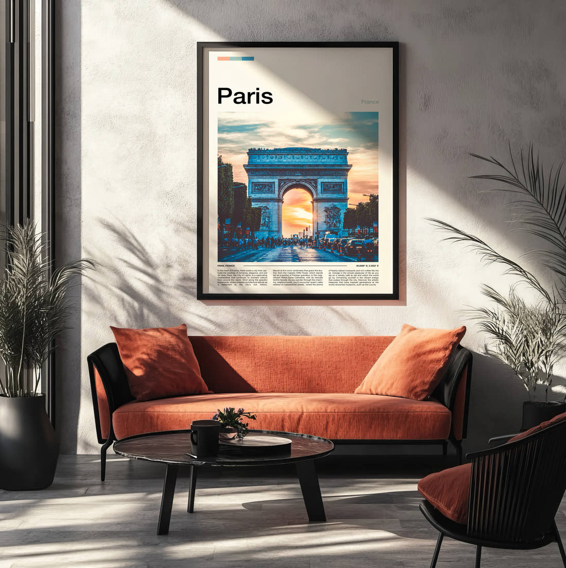 Paris Arc De Triomphe At Sunset Travel Print framed on the wall of a modern living room