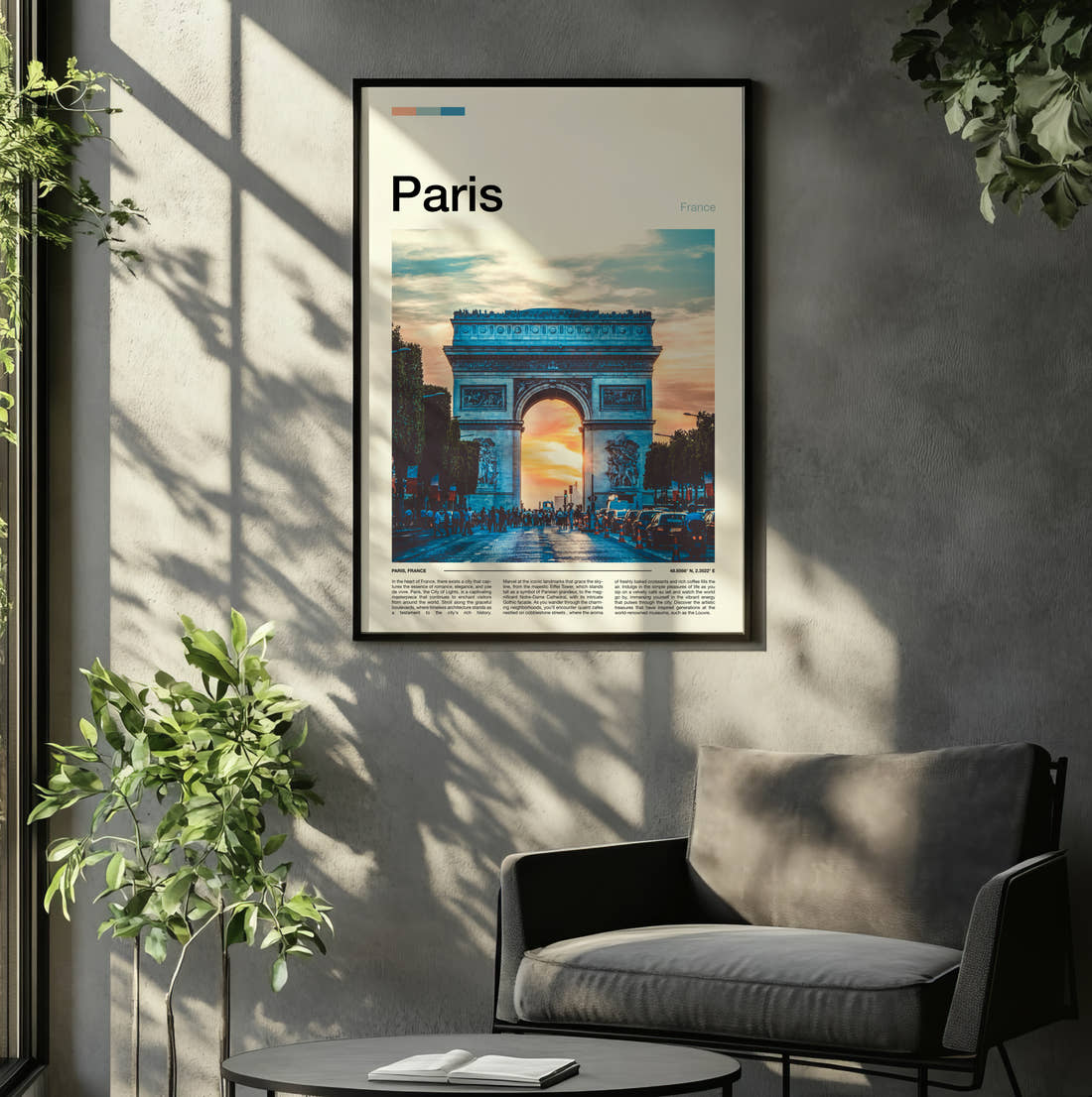 Paris Arc De Triomphe At Sunset Travel Print framed on the wall of a relaxed living room