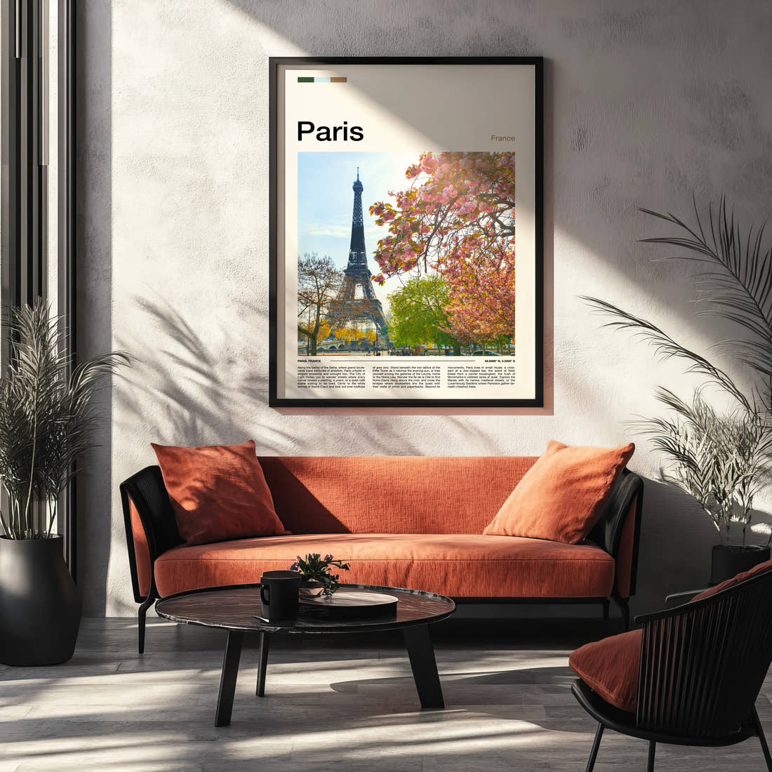 Paris Blossom-Framed Eiffel Tower Travel Print framed on the wall of a modern living room