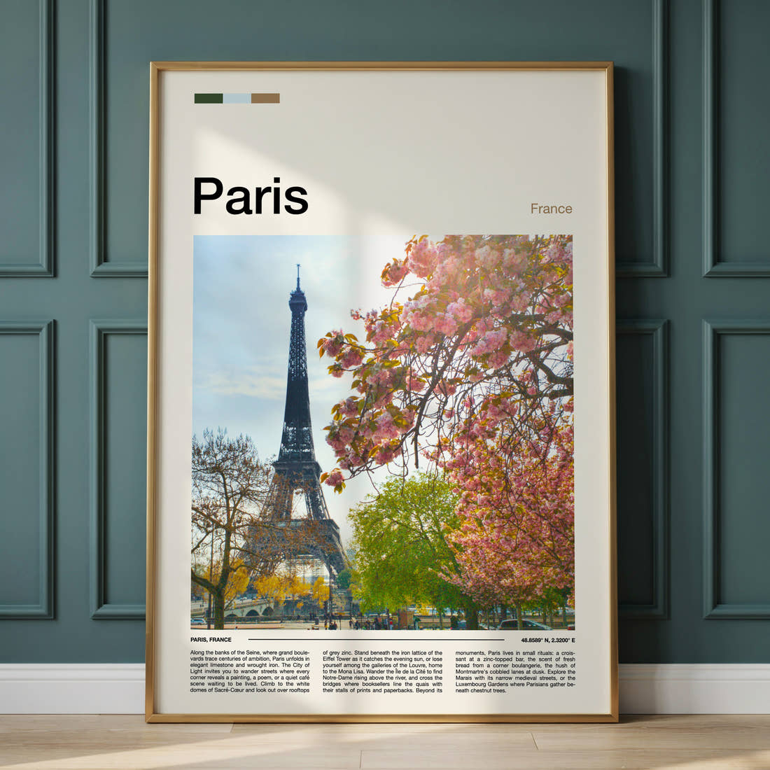 Paris Blossom-Framed Eiffel Tower Travel Print framed on the wall of a calm, neutral bedroom