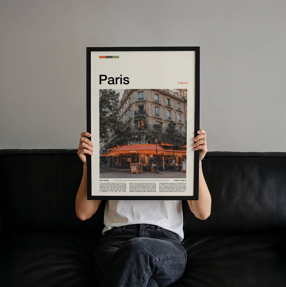 Paris Pavement Cafe Travel Print held up by hand to show the size of the print