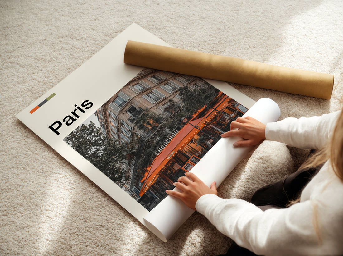 Paris Pavement Cafe Travel Print being unrolled from its postal tube