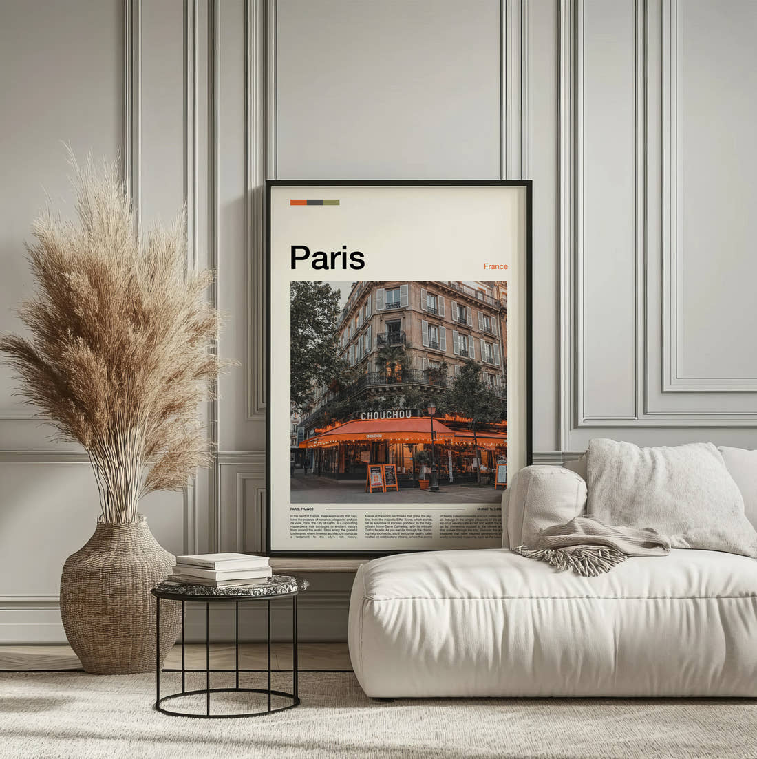 Paris Pavement Cafe Travel Print framed on the wall of a calm, neutral bedroom