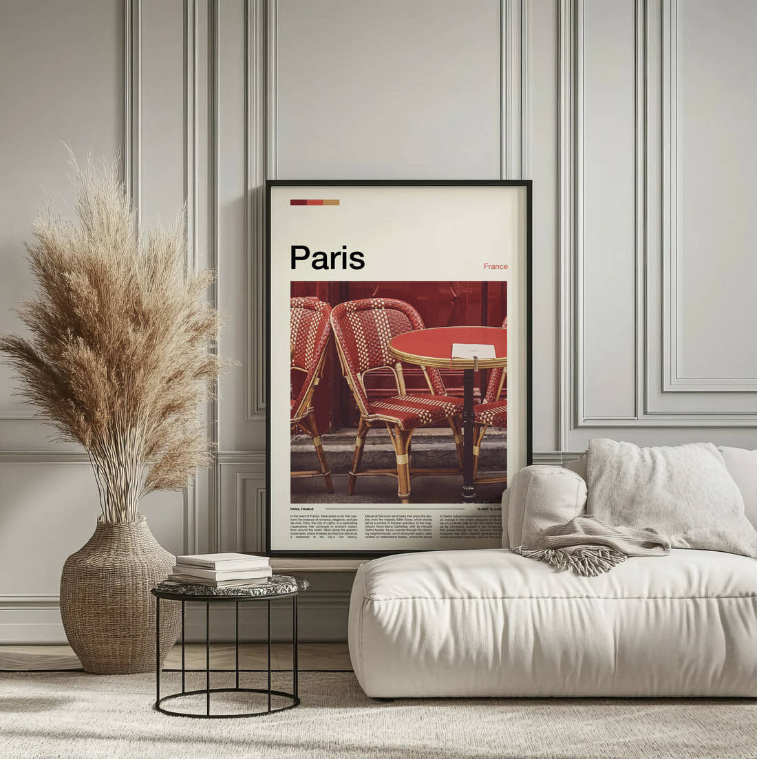Paris Bistro Chairs Travel Print framed on the wall of a calm, neutral bedroom