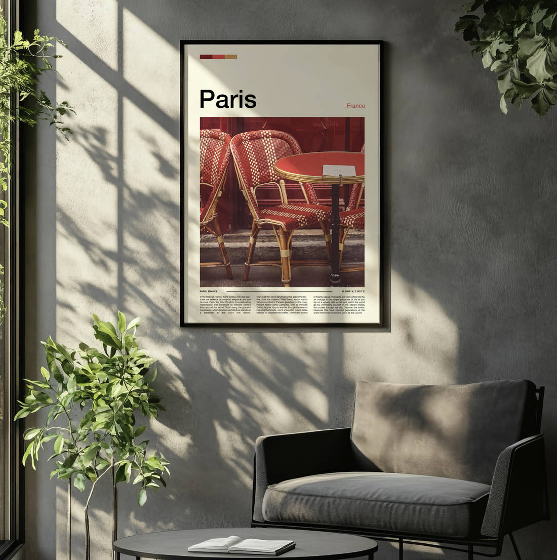 Paris Bistro Chairs Travel Print framed on the wall of a relaxed living room