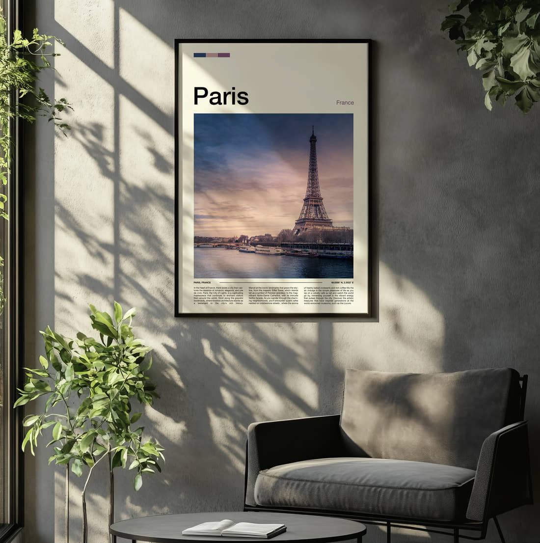 Paris Eiffel Tower Over The Seine Travel Print framed on the wall of a relaxed living room