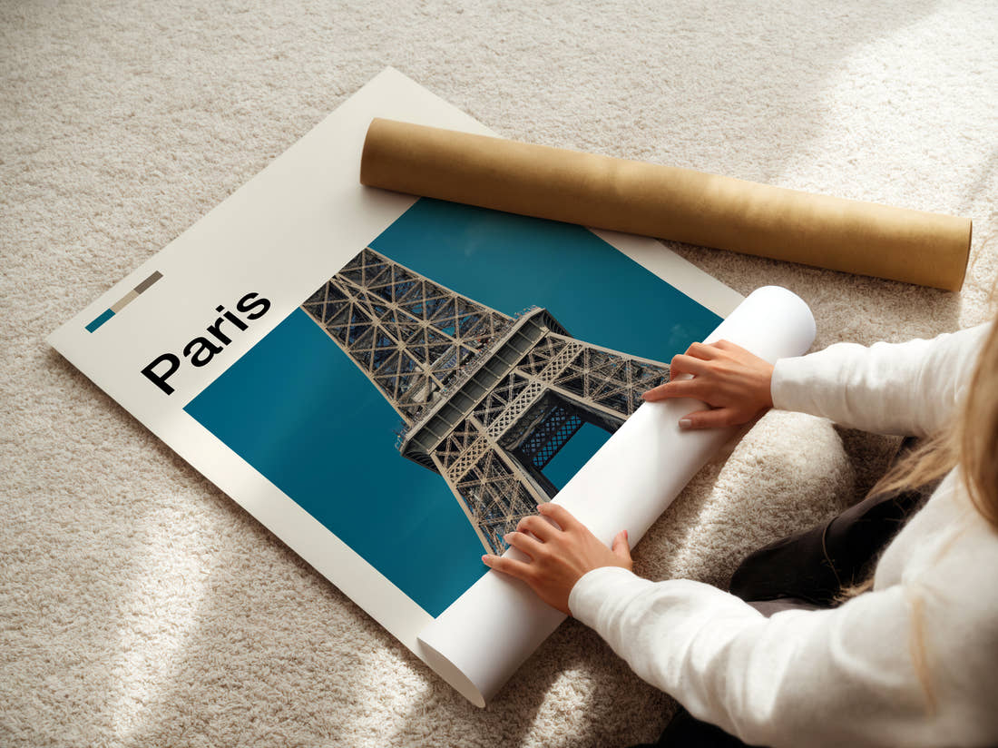 Paris Eiffel Tower Close-Up Travel Print being unrolled from its postal tube