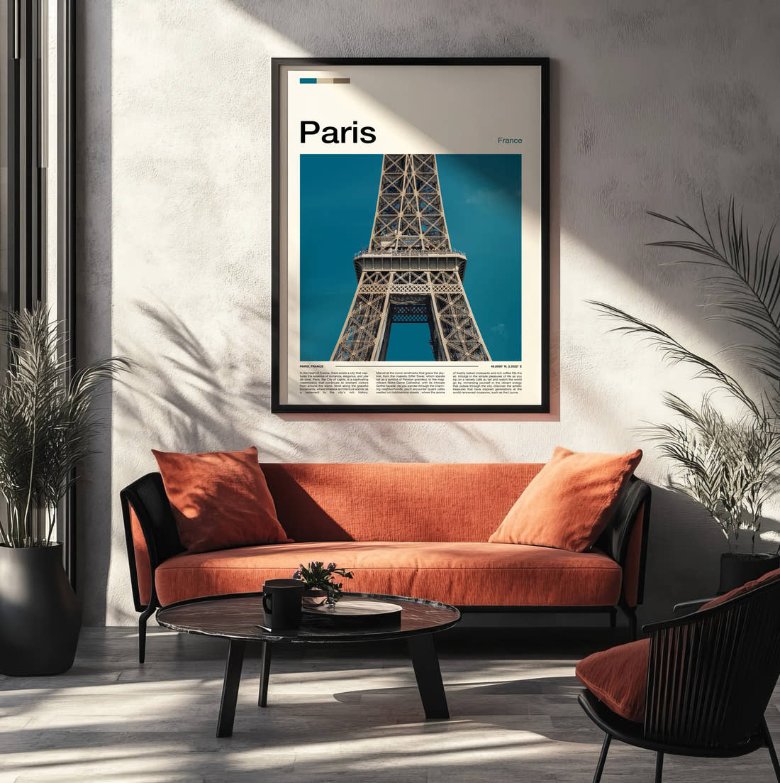 Paris Eiffel Tower Close-Up Travel Print framed on the wall of a modern living room