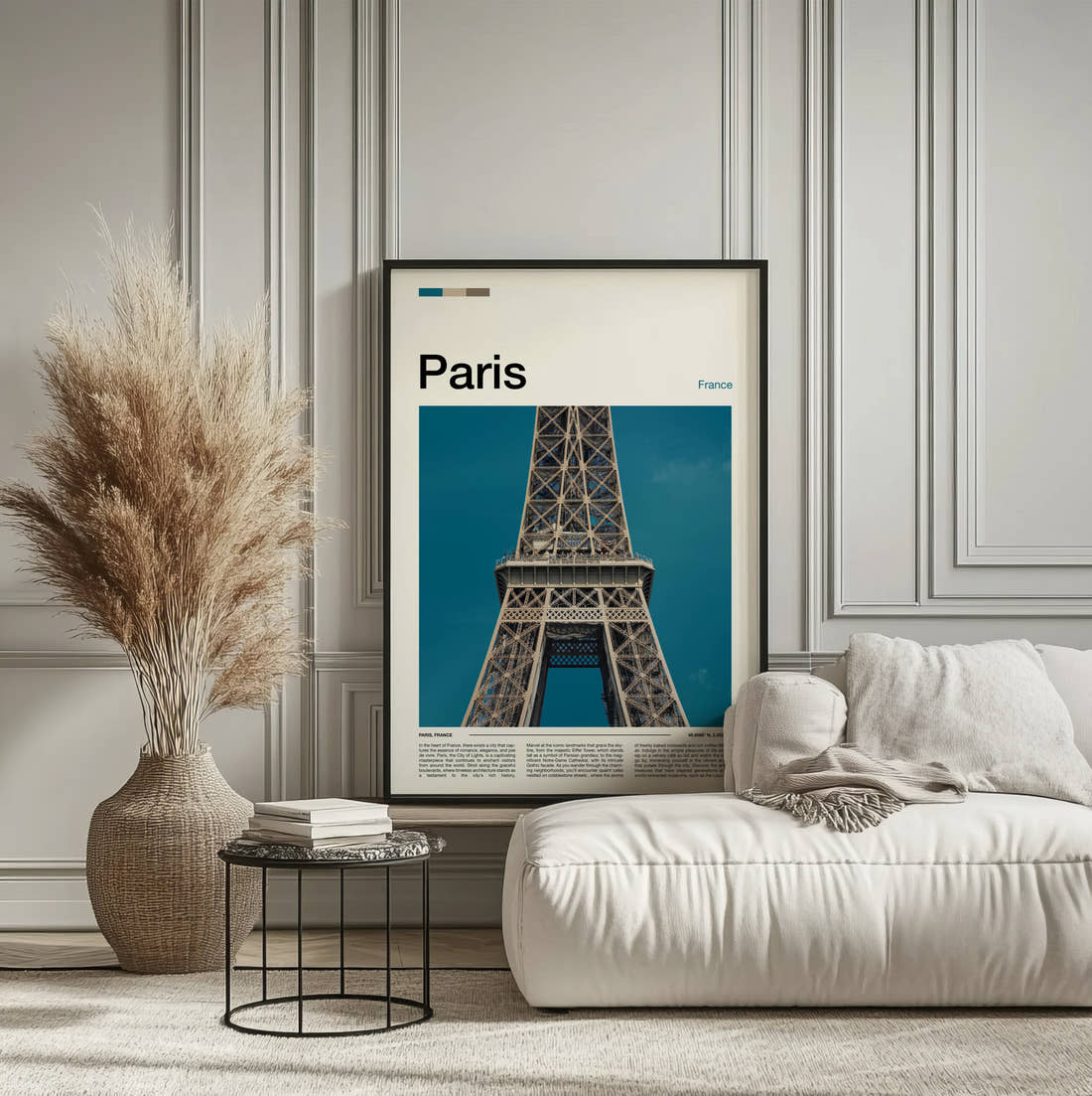 Paris Eiffel Tower Close-Up Travel Print framed on the wall of a calm, neutral bedroom