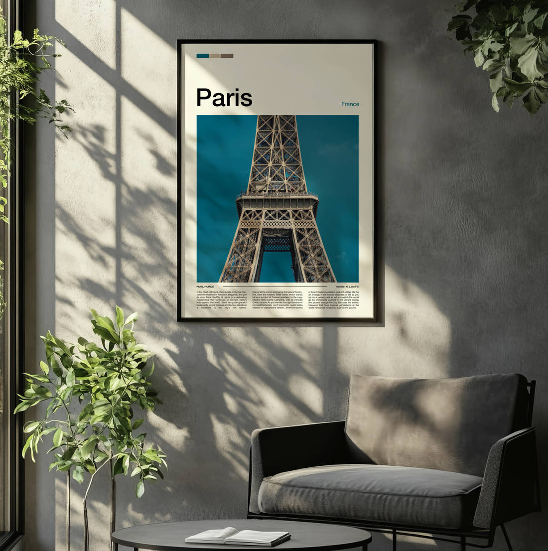 Paris Eiffel Tower Close-Up Travel Print framed on the wall of a relaxed living room