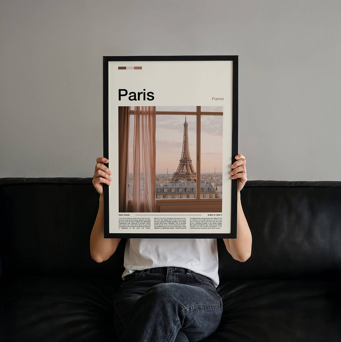 Paris Eiffel Tower Through Window Travel Print held up by hand to show the size of the print