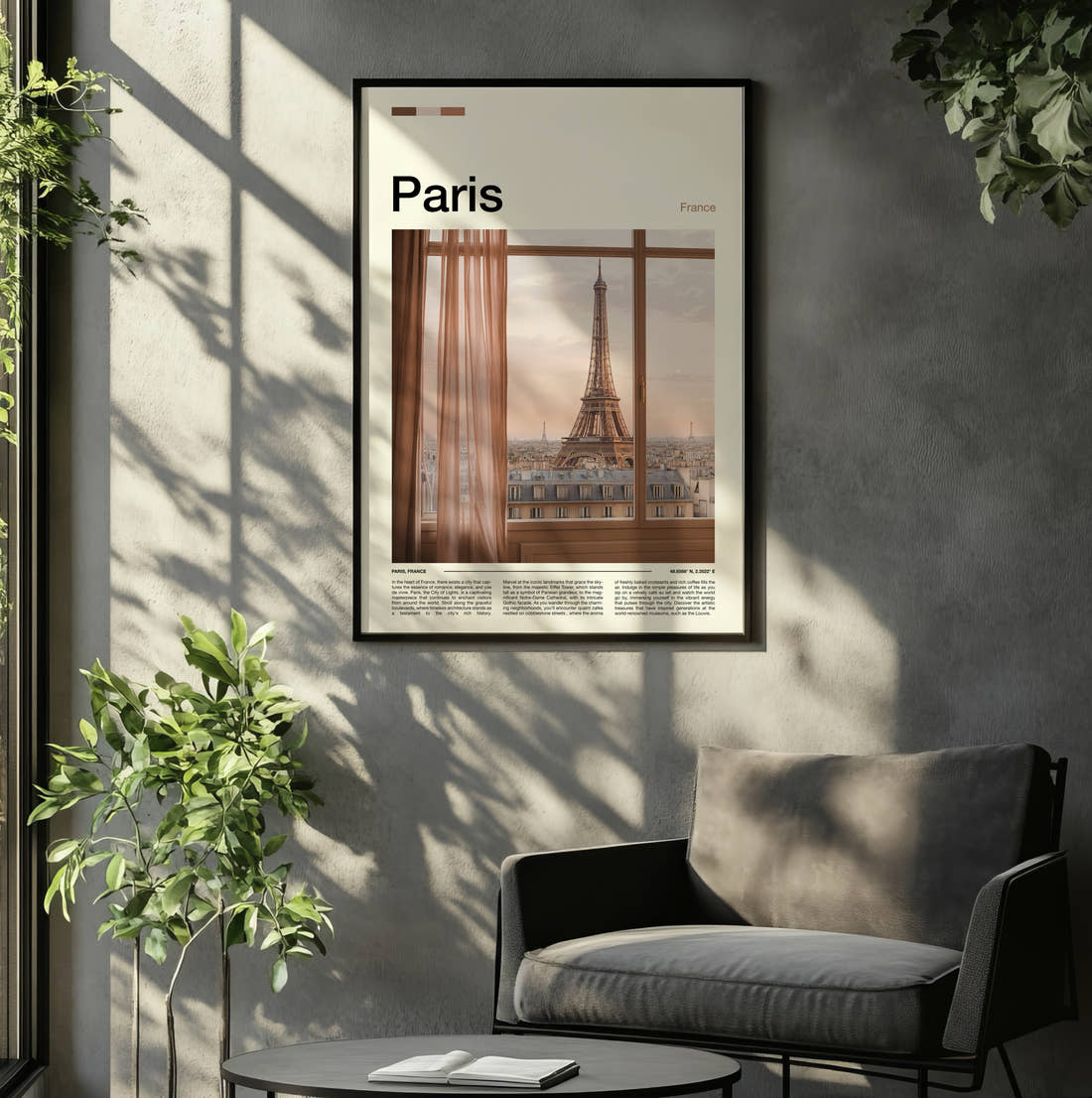 Paris Eiffel Tower Through Window Travel Print framed on the wall of a relaxed living room